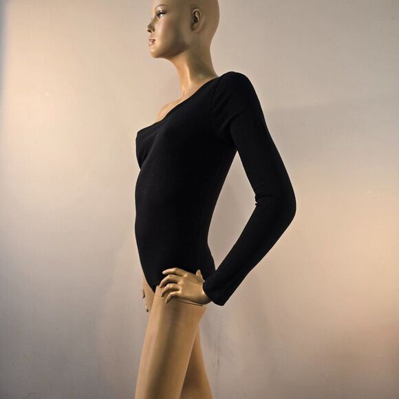 Boston Proper One Shoulder Bodysuit Size M Stretchy Long Sleeve Black FLAW Read - Picture 2 of 10